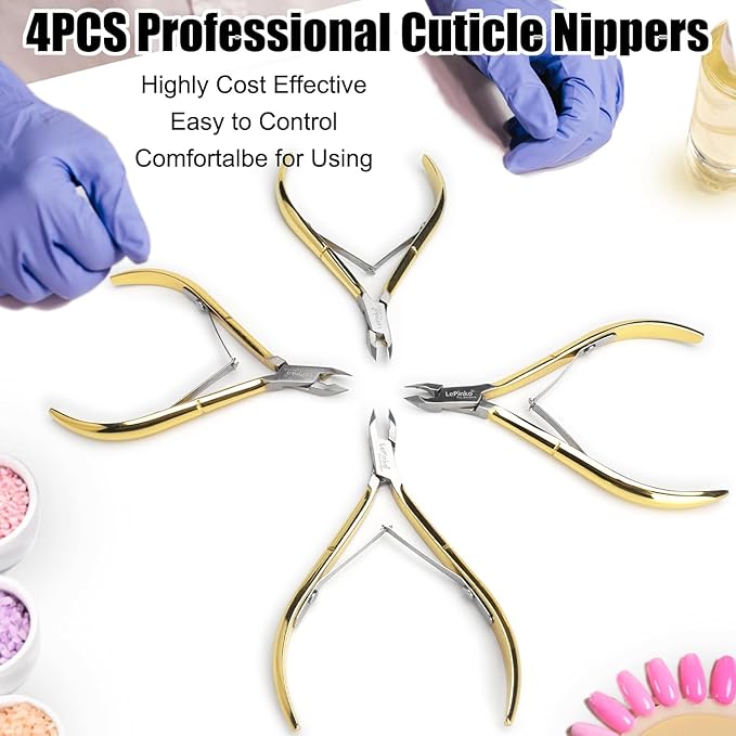 LePinko 4 Packs Upgraded Cuticle Trimmer kit, Sharp Dead Skin Clipper, Labor-Saving Cuticula Remover for Fingernail Toenail, Manicure Pedicure Tool for Women Men, 5mm Jaw, Golden