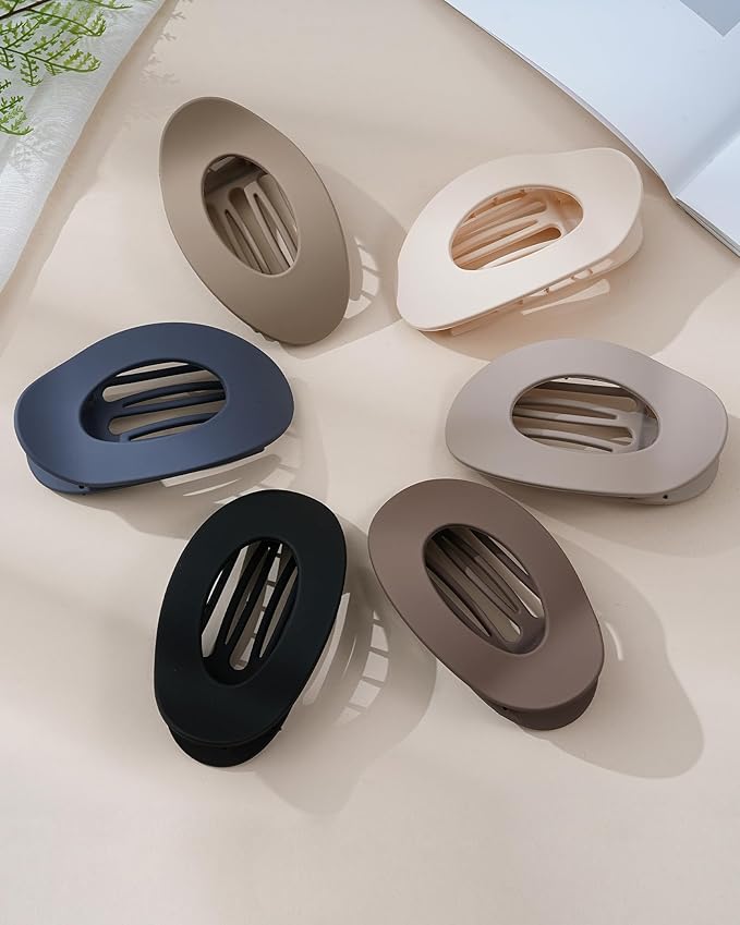 Mesovor 6 Pack Flat Hair Claw Clips, 4.33" Nonslip Large Round Lay Flat Hair Clips | Strong Hold French Flat Hairclips for Lying Down, Yoga, Driving (Brown Matte)