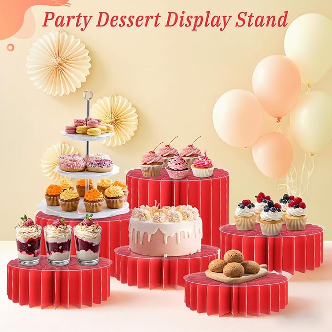 6Pcs Buffet Risers, Valentine's Day Food Risers for Table, Foldable Cake Display Stands, Tall Cardboard Cupcakes Stand for Show Catering Desserts Jewelry Wedding Birthday Party Decoration (Red)