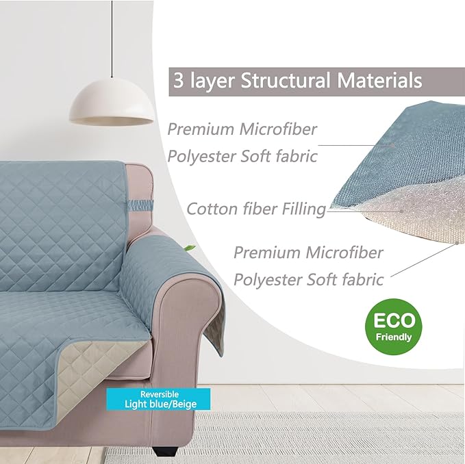 U-NICE HOME Reversible Sofa Cover Couch Cover for Dogs with Elastic Straps Water Resistant Furniture Protector for Pets Couch Cover for 3 Cushion Couch (Sofa, Light Blue/Beige)