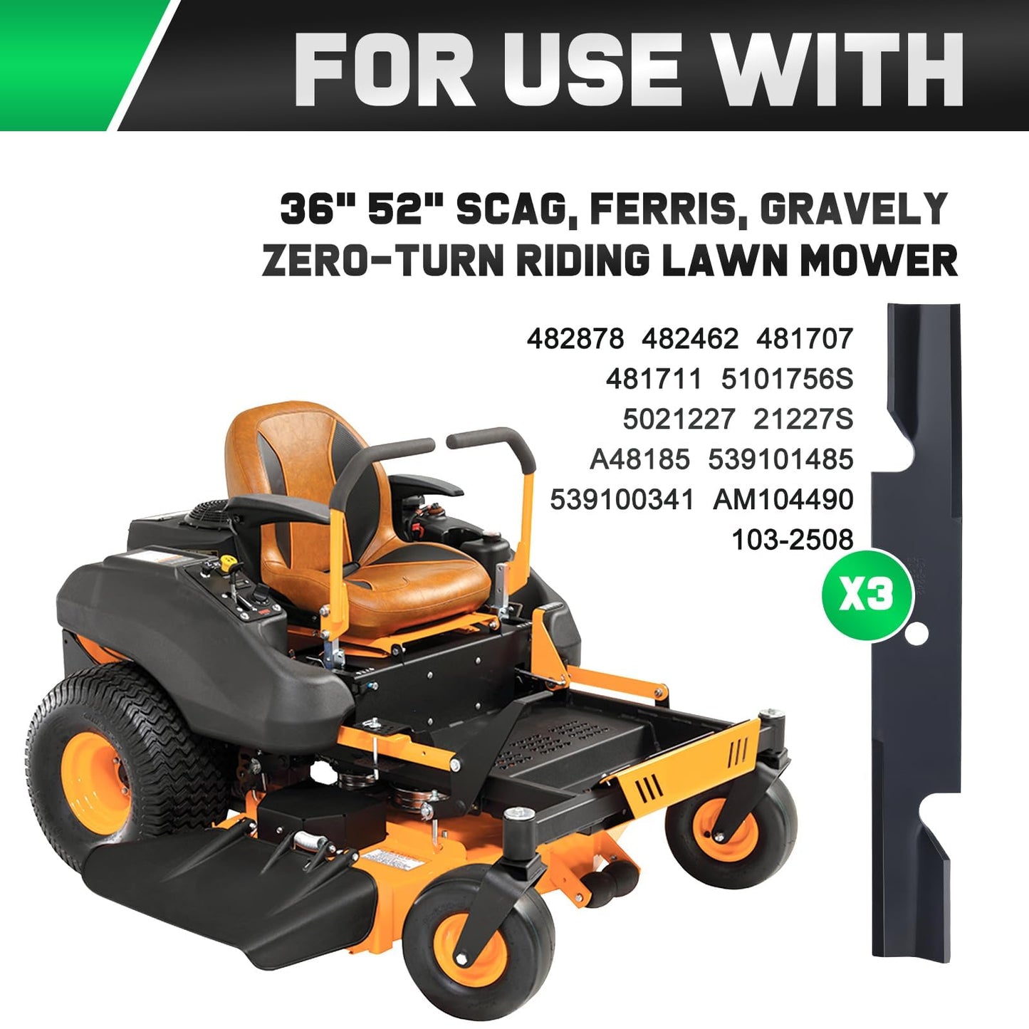 Grasscool 482878 Mower Blades for Scag Tiger Cub Wildcat Turf Tiger 36'' 52'' Deck Lawn Mower Replace Ferris 21227S 5101756s 5021227 Scag 482462 481711 48108 Encore 481707(3 Pack)