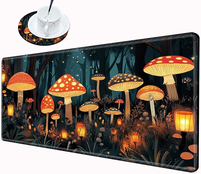 Large Mouse Pad Gaming Desk Pad Mushroom Mousepad for Wireless Mouse XXL 31.5''X15.75'' Big Desk Mats Extended Mouse Mat of Girl Desktop Computer with Coaster