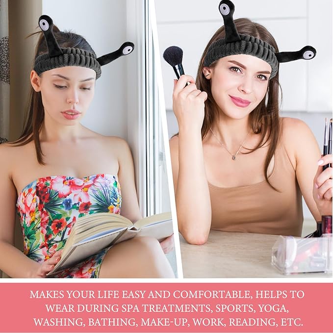 Spa Headband Facial Makeup Head Band Microfiber Soft Coral Fleece Head Wraps Snail Cartoon Cute Hair Accessories Elastic Skincare Hair Band for Women Girls Washing Face Beauty (Black)