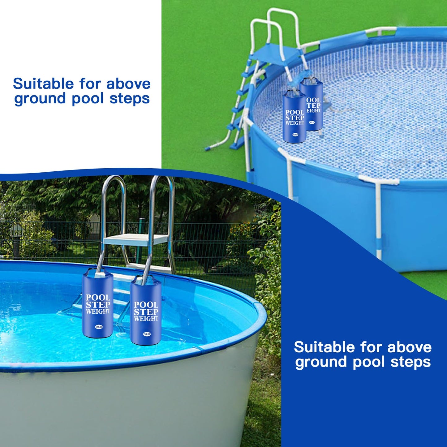 2Pcs Blue Pool Step Weights, 50LB PVC Waterproof Swimming Pool Ladder Weights Sand Bags Foldable Pool Stair Weights for In Ground and Above Ground Pools