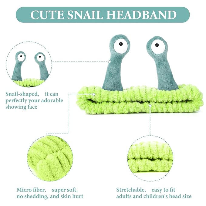 Face Wash Headband, Palm and Snail Spa Hair Bands Makeup Headbands Women Cartoon Cute Coral Fleece Elastic Headband Creative Hair Accessories for Washing Face Shower Sports (Dark green/Light green)