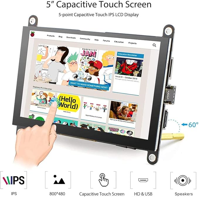 ELECROW 5 Inch Touch Screen Monitor LCD Display, 800×480 Mini Touchscreen HDMI-Compatible & USB Powered with Speakers for Raspberry Pi 5/4/4B/3/3B, BB Black, Banana Pi, Windows 10/8/7, Game Console