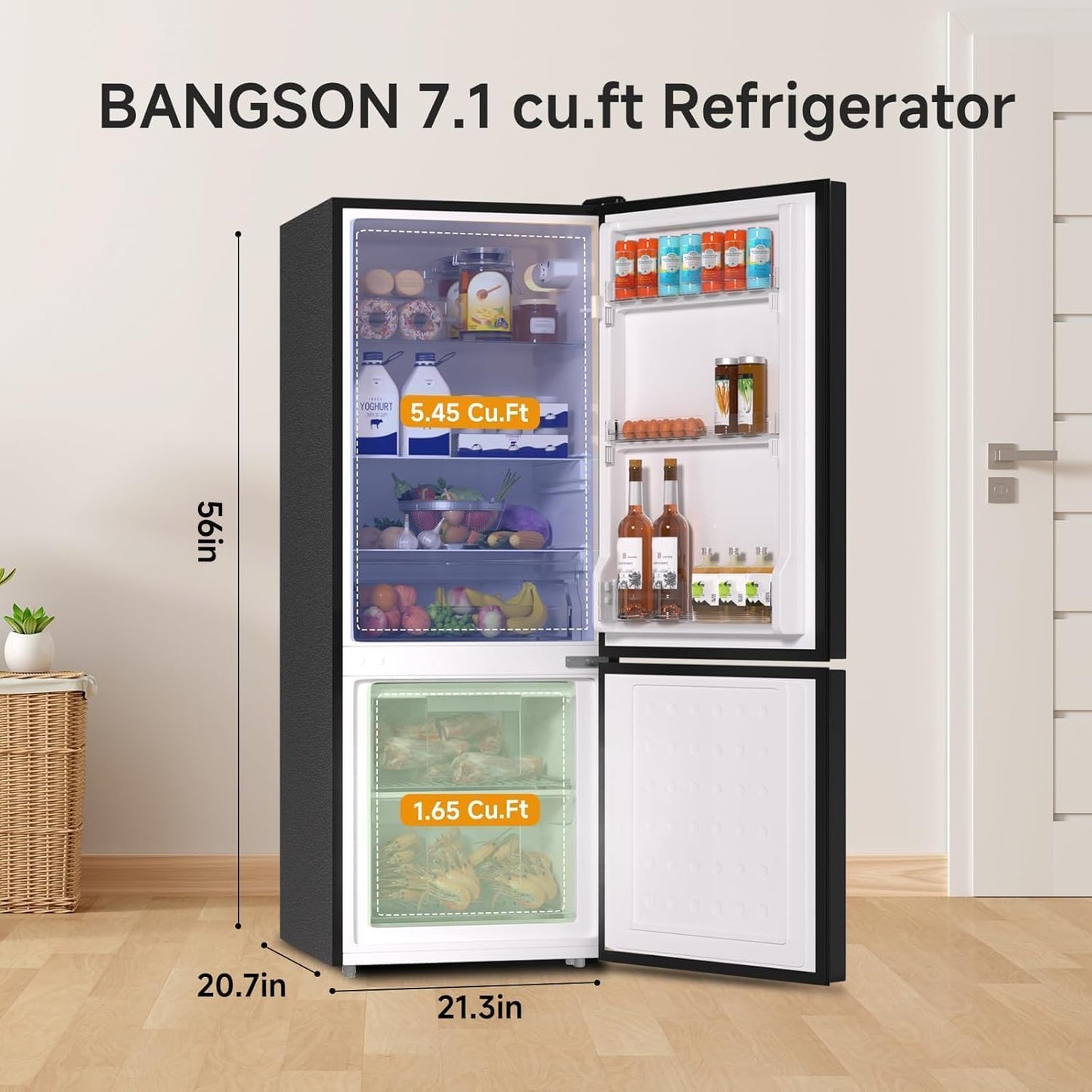 BANGSON 7.1 Cu.Ft Refrigerator with Freezer, Apartment Size Fridge with Bottom Freezer, Large Capacity, Energy Saving, Adjustable Thermostat, Low Noise, Black
