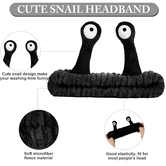 SuPoo Black Snail Face Wash Headband - Funny Skincare Spa Headband with Cute Alien Puffy Antenna Eyes for Women, Stretchy Hair Wrap Makeup Accessory