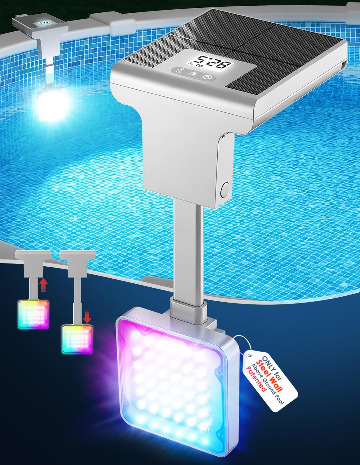 LightHacker Solar Pool Light for Steel Wall Above Ground Pool Light,Submersible Pool Light with LCD Pool Thermometer,Underwater light for Pool Accessories,10 Light Modes Swimming Pool LED Lighting,1PC