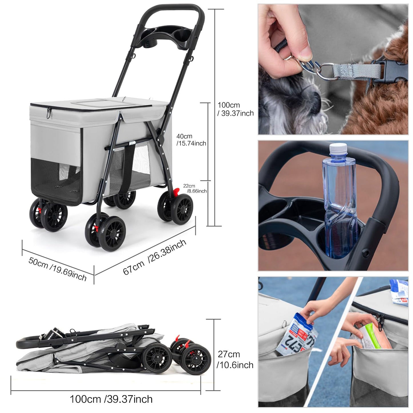 Pet Stroller Cat Dog Stroller Travel Folding Pet Carriers（Gray）