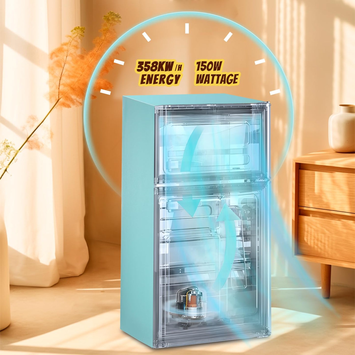 TACOOL Small Fridge with Freezer Mini Refrigerator Double door Removable Glass Shelves 7 Temp Gear Detachable Handle Blue