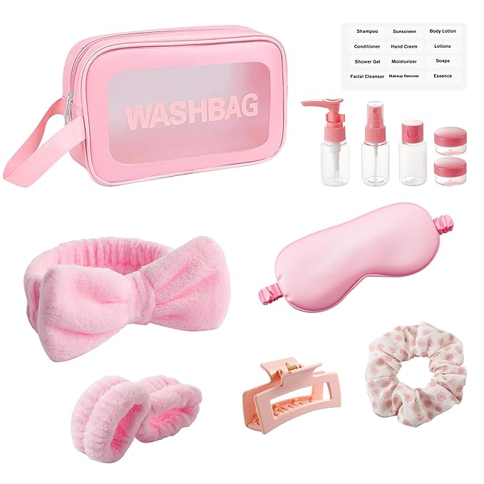 CWJCYTNSN 12PCS Spa Headband for Washing Face Wristbands Set Girls Pink Makeup Skincare Headbands with Silk Sleep Eye Mask Silicone Hair Clips Travel Bottles Hair Accessories for Women Gifts