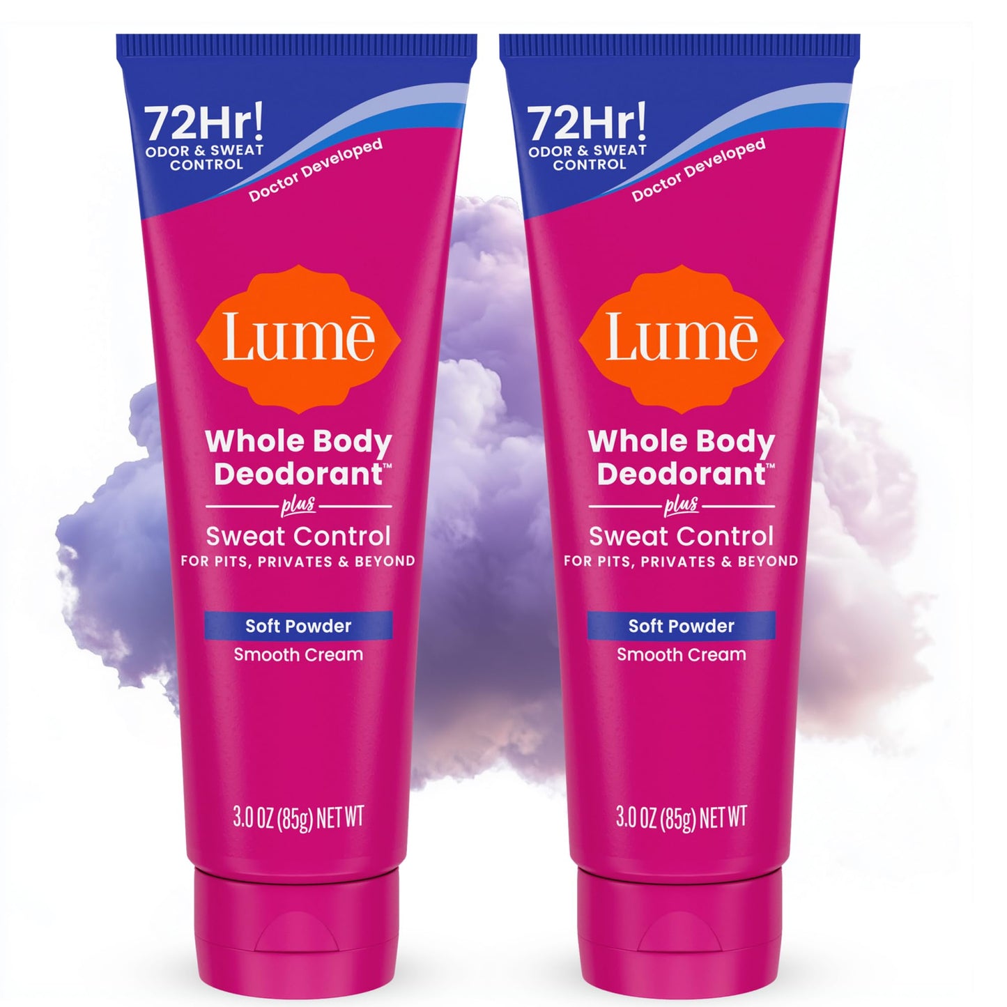 Lume Whole Body Deodorant Plus Sweat Control - Smooth Cream Tube - 72 Hour Odor And Sweat Control - Baking Soda Free, Skin Loving - 3.0 ounce (Pack of 2) (Soft Powder & Lavender Sage)