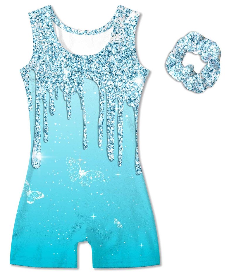 Vogseek Sparkly Gymnastics Leotards for Girls 6 7 Years Cute Light Blue Shiny Ballet Dance Unitards Biketards with Hair Scrunchie Kids Tumbling Shorts Activewear Clothes, Blue Shiny