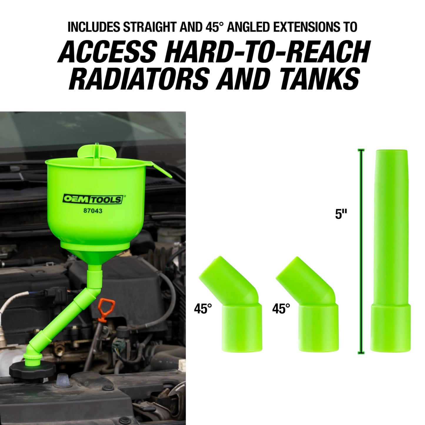 OEMTOOLS 87043 No-Spill Professional Quality Coolant Funnel Kit, Easily Fill Antifreeze Coolant Set Includes 5 Adapters, Extensions, and Automotive Funnel, Air Venting, Drip-Free, Green