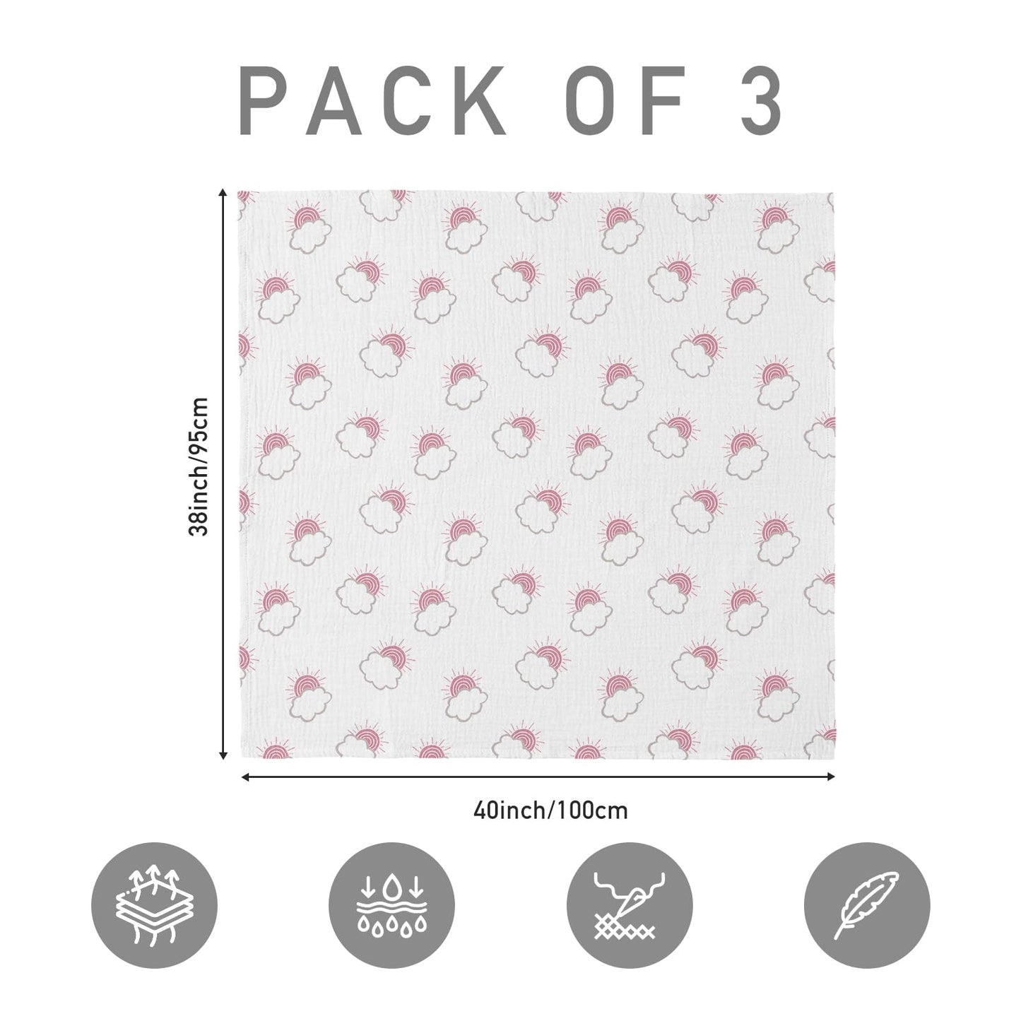 Muslin Swaddle Blankets for Newborn, 3 Pack Breathable Soft Receiving Blanket, Large 38 x 40 inches Swaddle Wrap Burping Clothes Diapers, Essentials Infant Shower Items, Toddler Gift (Clouds & Stars)