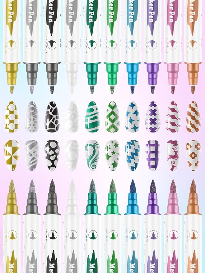 10 Color Metal Giltter 3D Nail Art Pens Set, Kalolary Double-ended Nail Point Dotting Pen Drawing Painting Liner Brush for DIY Nail Art Beauty Adorn Manicure Tools(G)