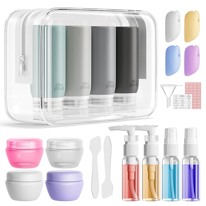 Muslish 21 Pack Travel Bottles for Toiletries, Leak-Proof TSA Compliant Silicone Travel Size Containers for Shampoo and Conditioner, BPA Free with Toiletry Bag (Gray)