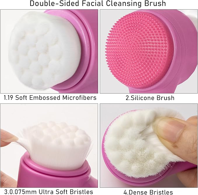 Facial Cleansing Brush 2 in 1, Silicone Face Scrubber Dual Face Brush for Deep Pore Cleansing and Exfoliating, Skincare Headband and Wristbands Set for Washing Face Massaging Spa Makeup,Purple