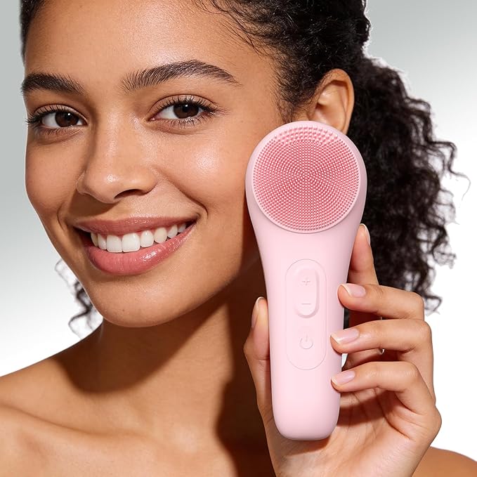 Rechargeable Silicone Facial Cleansing Brush for Women & Men - 5 Modes Waterproof Face Scrubber with Heat Massage, Deep Cleansing & Exfoliating Electric Face Brush (Pink)