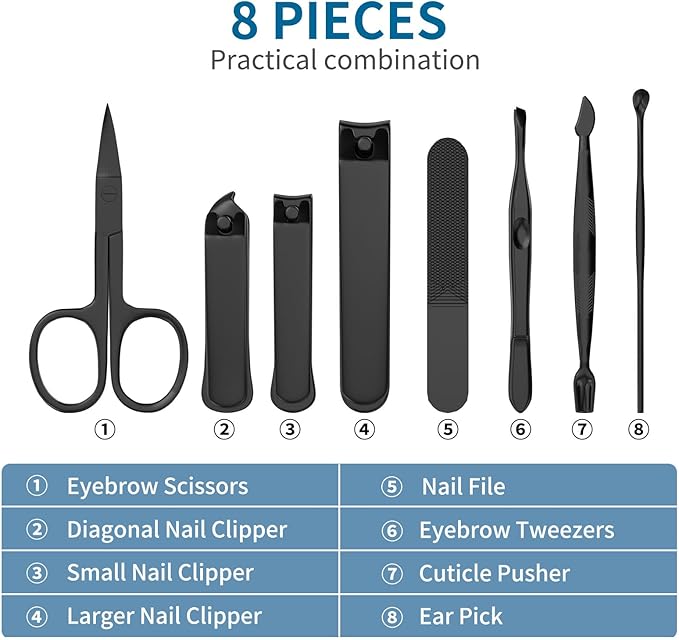 Precision 8 Pieces MenÃ¢ÂÂs Nail Grooming Travel Kit, Stainless Steel Manicure Set with Fingernail & Toenail Clippers, Nail File, Slant Tip Tweezers, Cuticle Scissors, Cuticle Pusher, Travel Case
