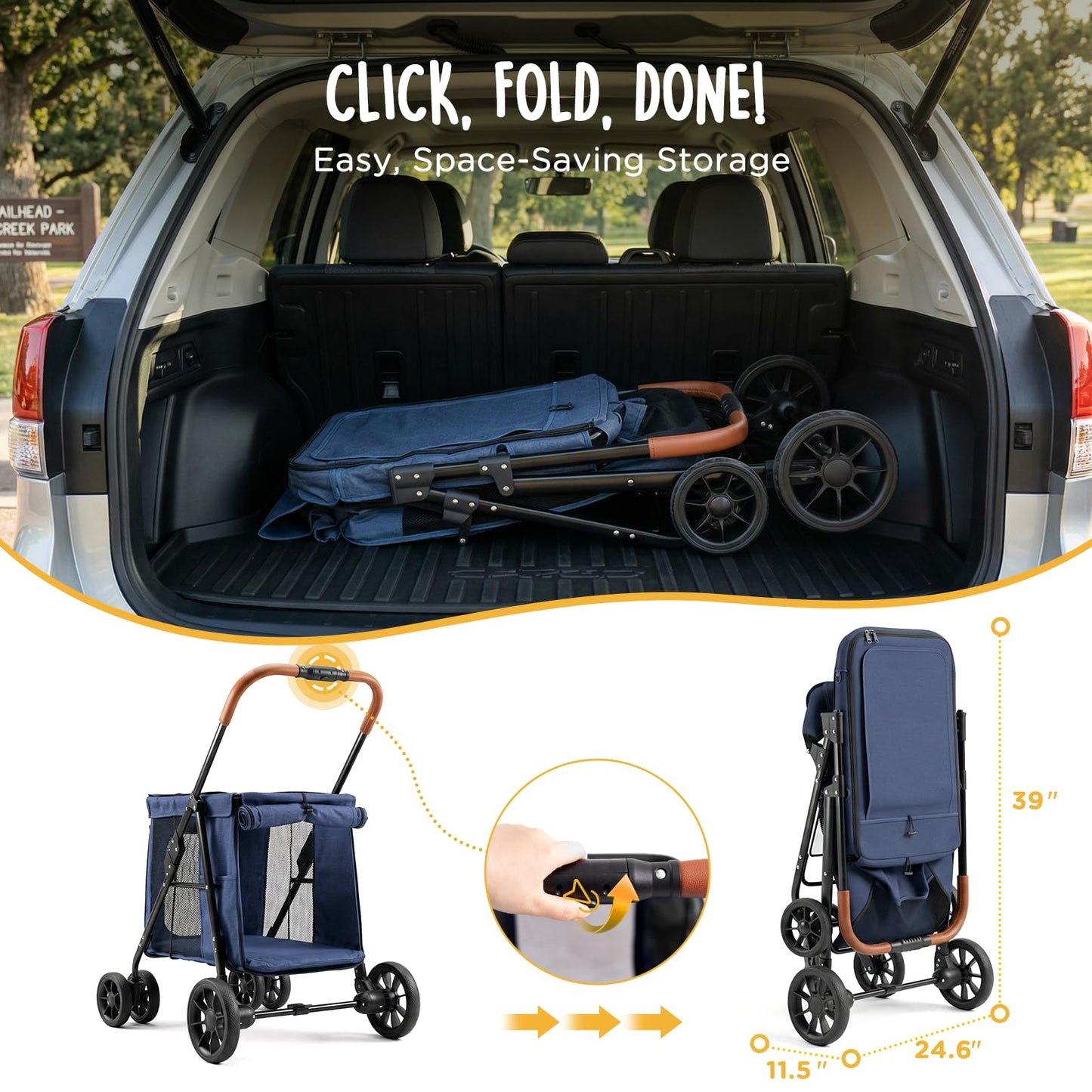 CANINE CANYON Scout Pet Stroller, Heavy Duty Dog Stroller for Large/Medium Dogs, Foldable Pet Stroller for 2 Small Dogs with All-Terrain Wheels, Storage Pocket & Cup Holder, 55 lbs Capacity, Navy Blue