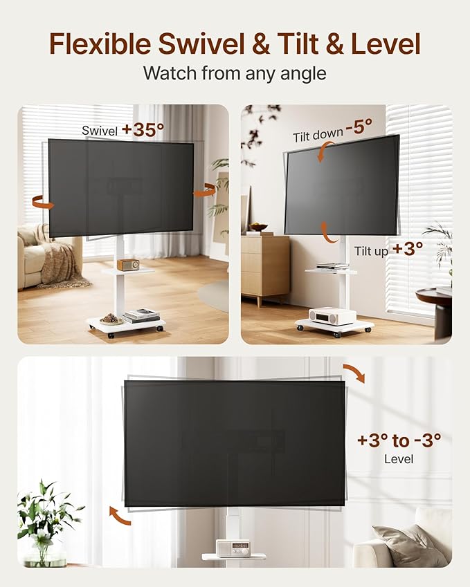 ECOTINY Steel Base Rolling TV Stand for 32-75 inch TVs up to 110 lbs, Leveling & Tilt & Swivel Mobile TV Stand with Hidden Wire Management, Height Adjustable Portable Tv Stand with Steel Shelf, White
