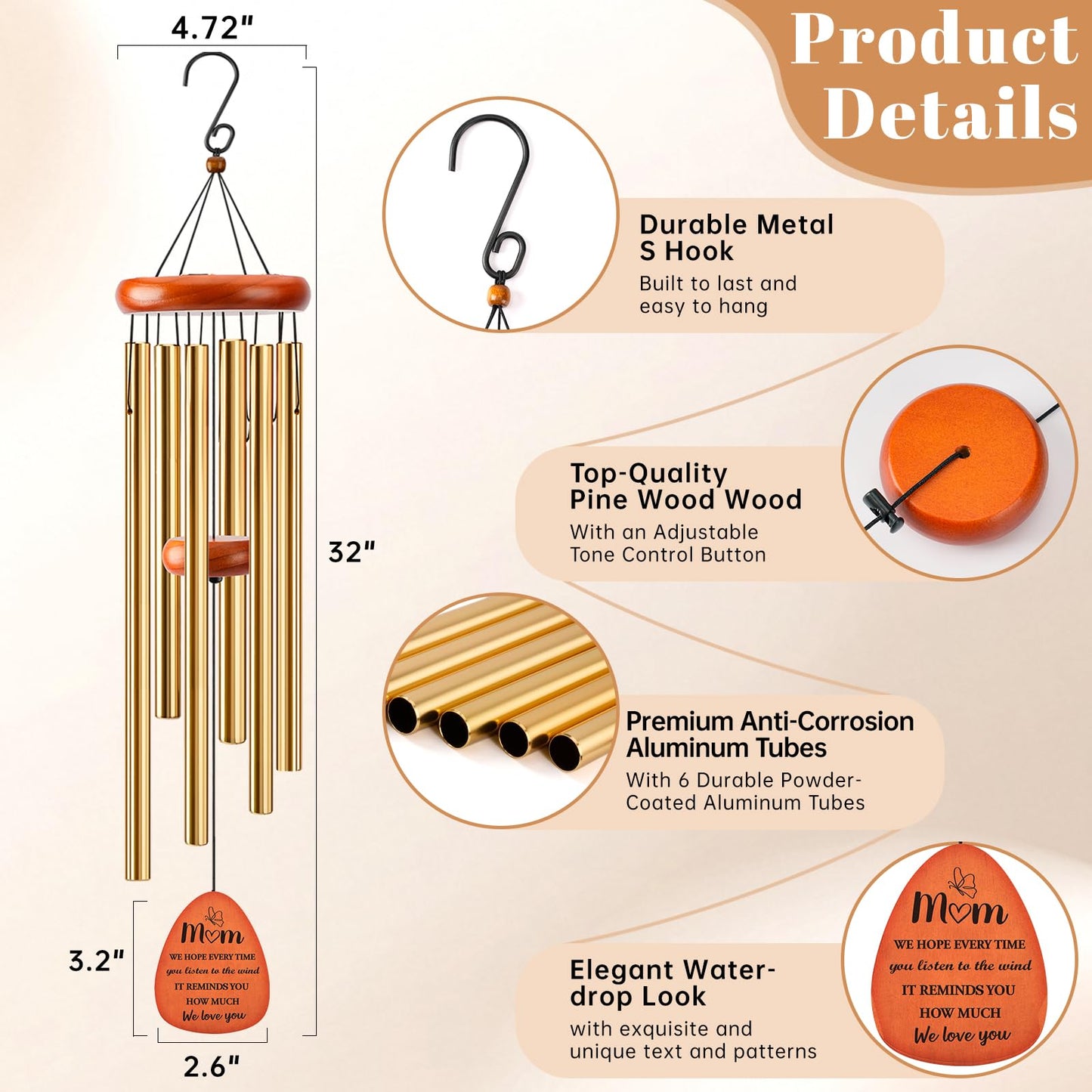 32" Wind Chimes Birthday Gifts for Mom from Daughter Son, Mom Birthday Gifts Mothers Day, Gold