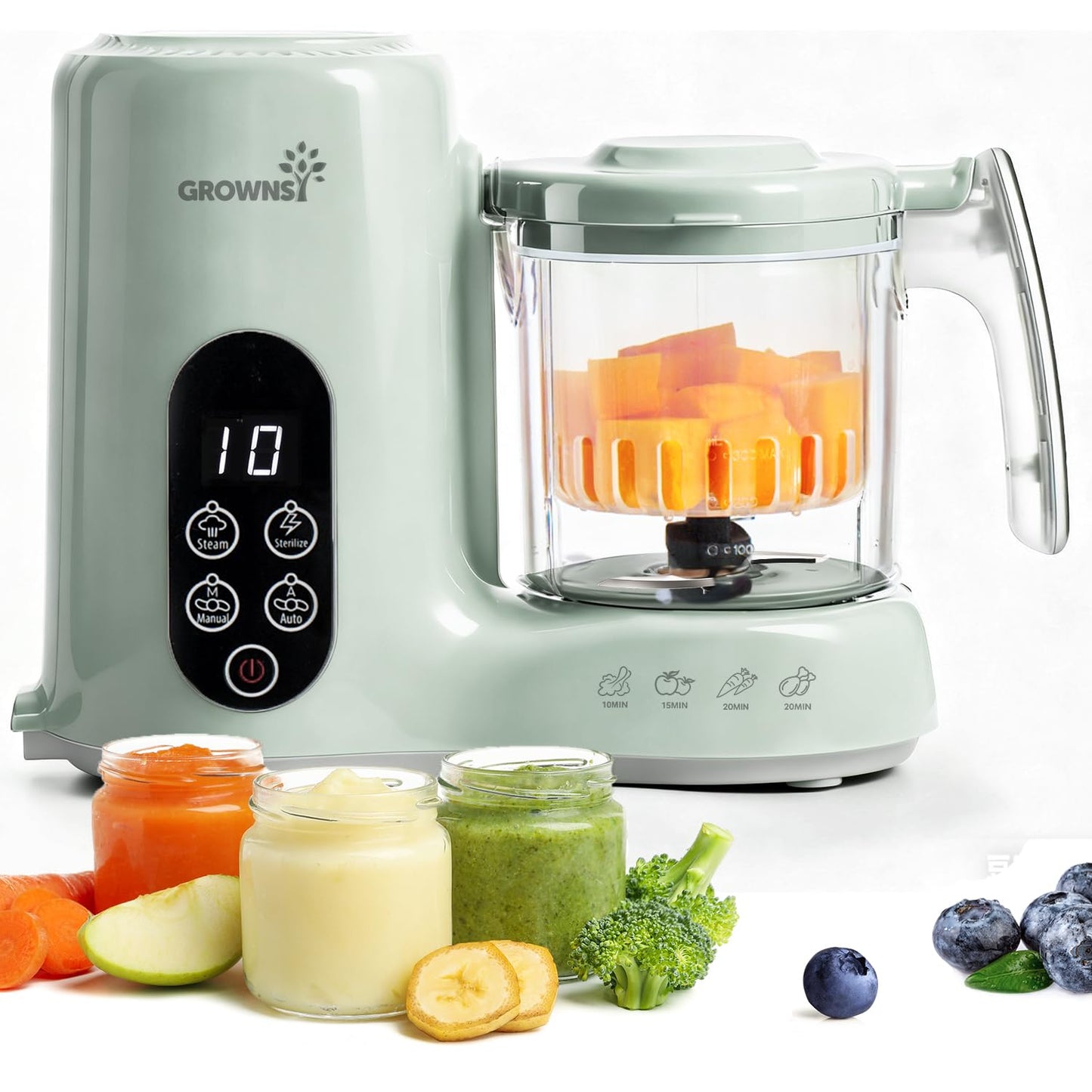 Grownsy Baby Food Maker with Steam Basket, One Step Baby Food Processor Steamer Puree Blender Grinder Mills Machine, Auto Cooking Grinding and Sterili-zing for Healthy Homemade Baby Food, Green