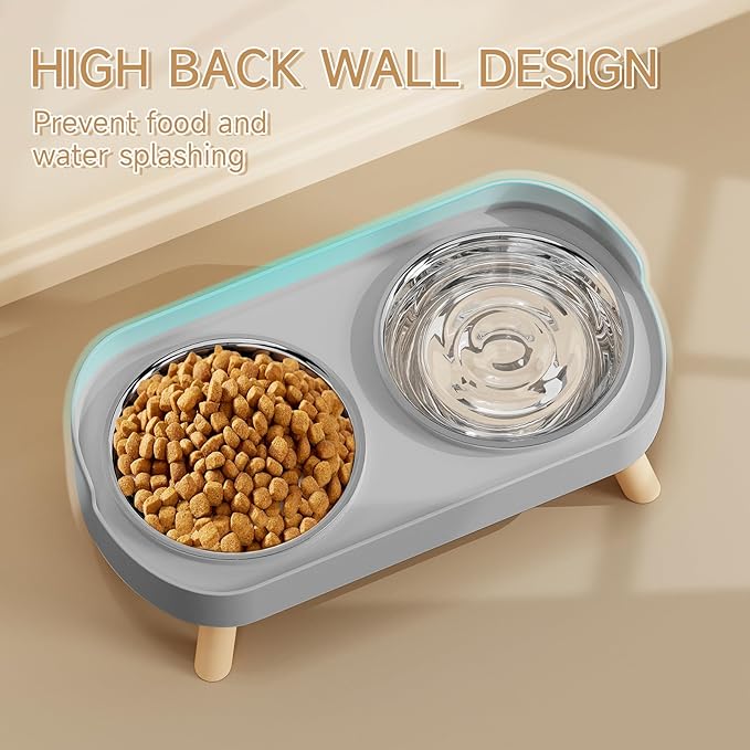 Elevated Cat Bowl, Raised Cat Food and Water Bowl Set for Indoor Cats, Splash Proof with 5 Stainless Steel Pet Food Bowls for Cats and Puppies, Whisker Fatigue and Dishwasher Safe - Grey