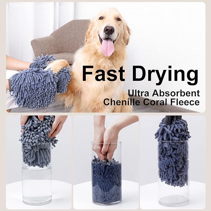 DogLemi Dog Dry Bath Gloves, Dog Washing Quick Drying Paw Towel, Chenille Microfiber Pet Dirty Dogs Grooming Glove for Large Medium Small Pet, Super Absorbent, Machine Washable 2 Pack