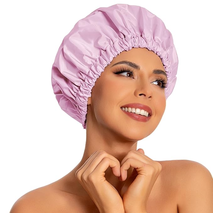 Reusable Shower Cap for Women, Large Waterproof Shower Bonnet with Elastic Band, Washable Bath Hair Cap for Long, Curly Hair, Braids, Daily Shower, Home Spa, Travel(Purple)