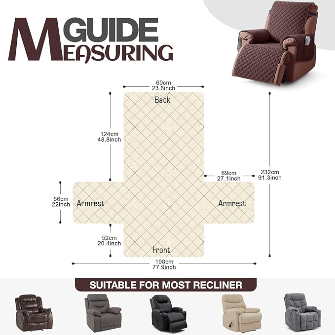 KinCam 100% Waterproof Recliner Chair Cover, Reclining Couch Covers for Pets, Dogs, Recliner Couch Slipcover Furniture Protector with Elastic Straps for Kids(23.6", Coffee)