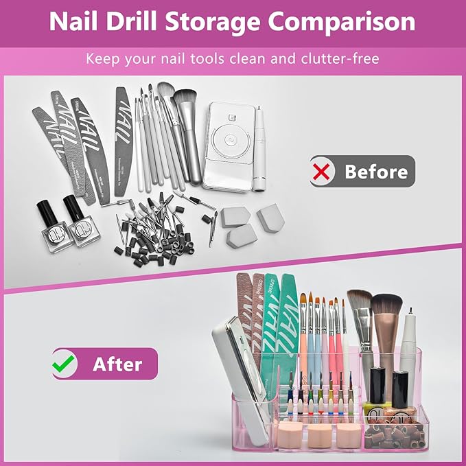 CGBE Nail Drill Holder, 28 Holes Transparent Acrylic Drill Bit Holder for Nails, Professional Nail Tool Organizer and Nail Desk Organizer -Pink (Not Including Nail Drill Machine & Bit)