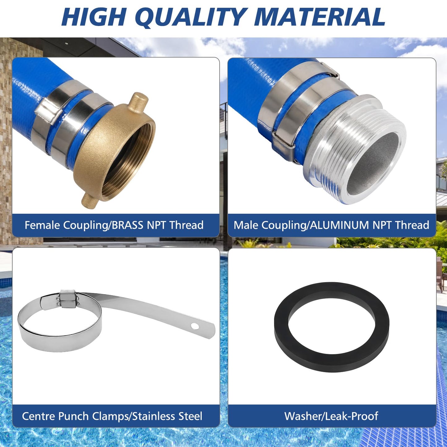 2" x 100 ft Backwash Hose for Swimming Pools, Heavy Duty PVC Lay Flat Water Discharge Hose,Durable Pool Drain Hose with Aluminum Pin Lug Fittings for Pump And Filters