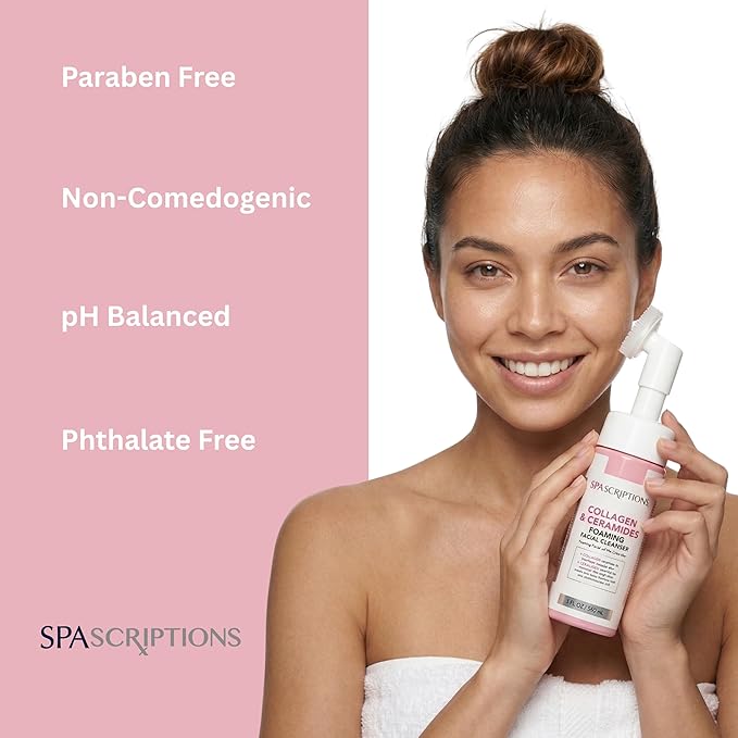 SpaScriptions 2 in 1 Cleanse & Exfoliate Foaming Facial Cleanser - Collagen & Ceramides Face Wash with Silicone Brush for Dryness with Skin Barrier Support with Peptides for Daily Cleansing, 5 oz