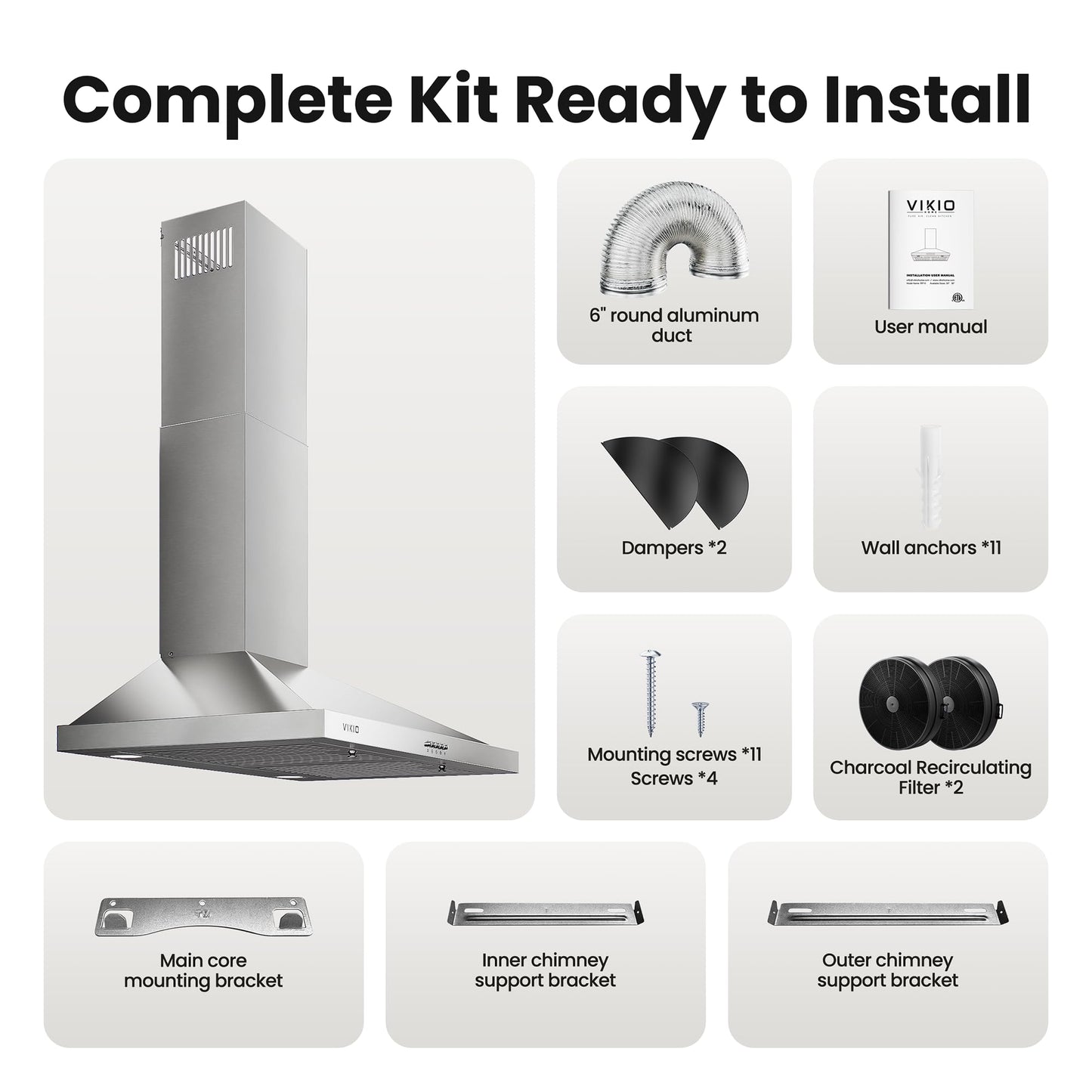 VIKIO HOME Wall Mount Range Hood 30 inch, 600 CFM Kitchen Vent Hood, Ducted or Ductless, with Charcoal Filters, Stainless Steel Baffle Filters & Dual LED Lights