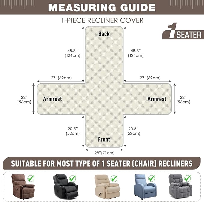 TAOCOCO 100% Waterproof Recliner Chair Cover, Oversized Recliner Covers for Large Recliner Chair with Double Straps, Non Slip Reclining Chair Cover for Kids, Pets(28'', Taupe)