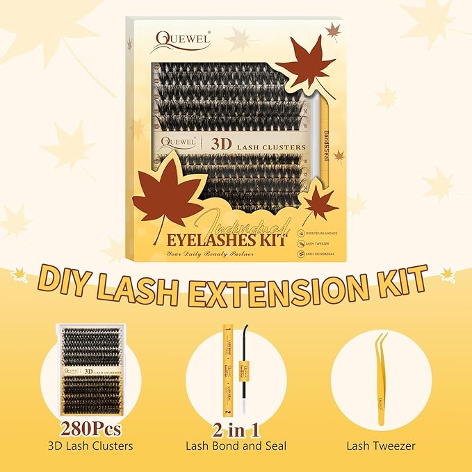 QUEWEL Lash Clusters Kit, 280Pcs 80D+100D 3D Lash Cluster Eyelash Extensions 10-18mm Lash Clusters Kit with Lash Bond and Seal and Lashes Tweezers Easy DIY at Home (80+100D 3D Kit)