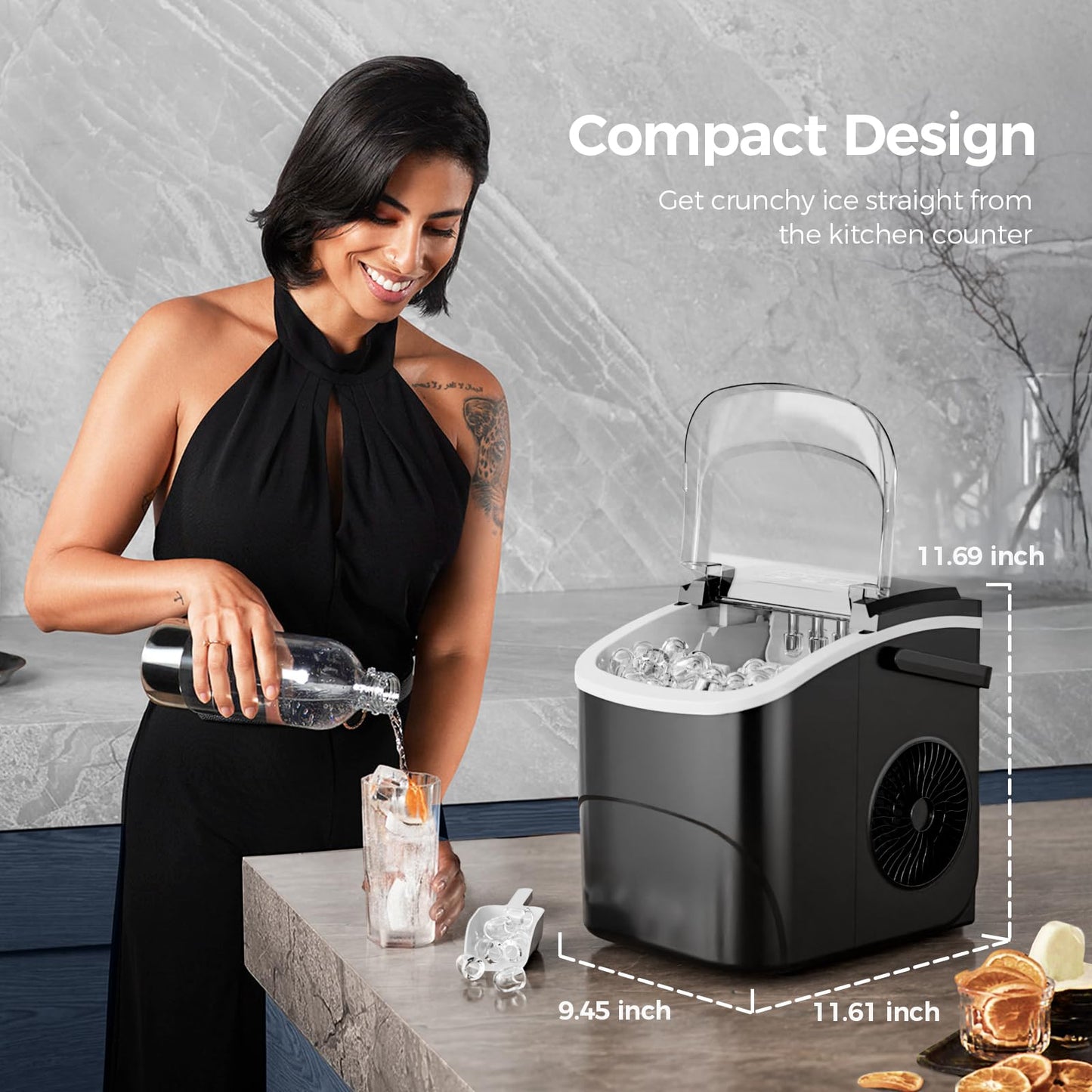 Ice Makers Countertop,9 Cubes in 6 Mins,2 Sizes of Bullet Ice,Portable Ice Maker Machine with Handle,26.5Lbs/24H,Self-Cleaning for Home Use(Black)