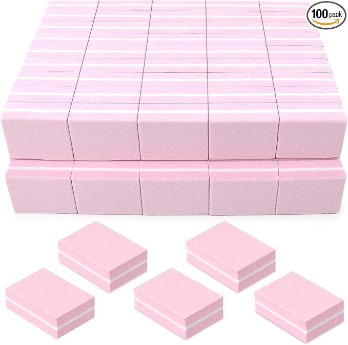 Mini Nail Buffer Blocks, 100/180 Grit Sponge Buffing Sanding Block File Manicure Tools Bulk 100Pcs (Pink)