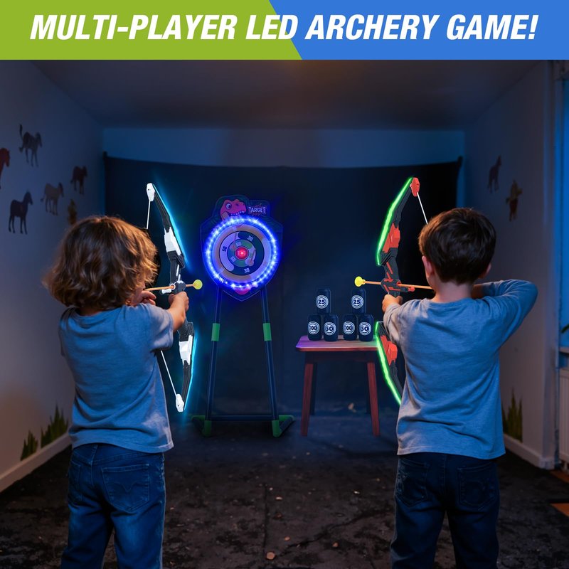 HYES 2 Pack Kids Bow and Arrow, LED Light Up Archery Set with 24 Suction Cup Arrows, Indoor Outdoor Sport Dinosaur Toys Gifts for 3 4 5 6 7 8 9 10 11 12 Year Old Boys Girls