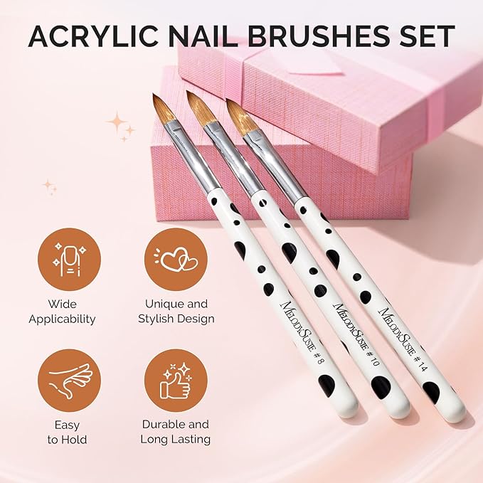 MelodySusie 3Pcs Acrylic Brush Set, Size 8/10/14 Professional Pen for Nail Application, Powder Art Extension and 3D Carving - DIY Home Salon