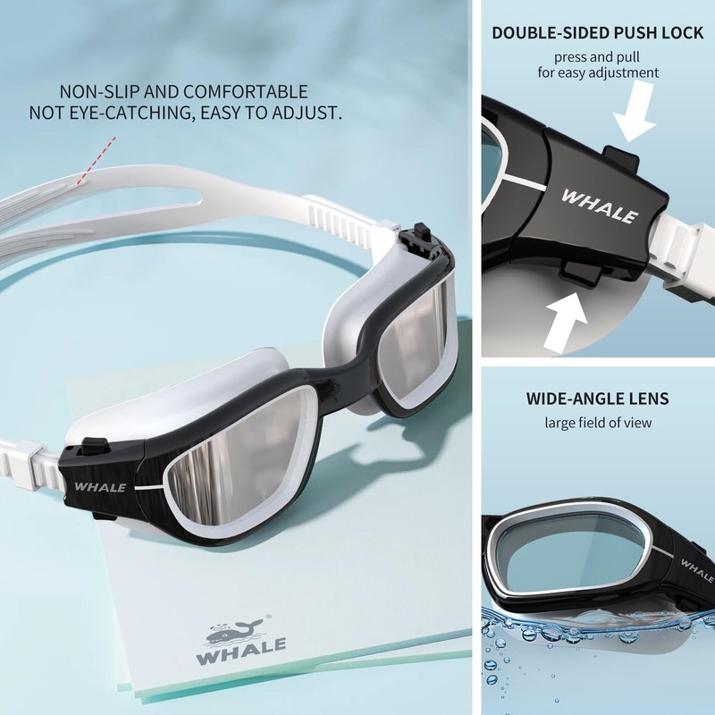 Whale Polarized Swim Goggles, GE Anti-Fog Anti-UV Protection No Leaking Swimming Pool Goggles for Men, Women, and Youth (（Polarized） Dark shadow + Glamour silver coating)