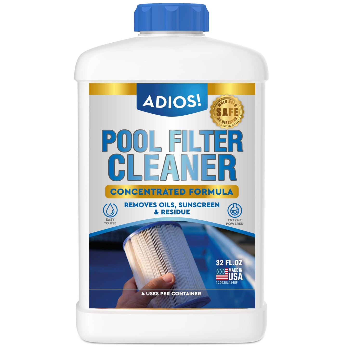 ADIOS! Pool Filter Cleaner, Deep Cleaning Soak Solution for Cartridge, Sand and DE Filters – Degreases and Restores Media (32oz)