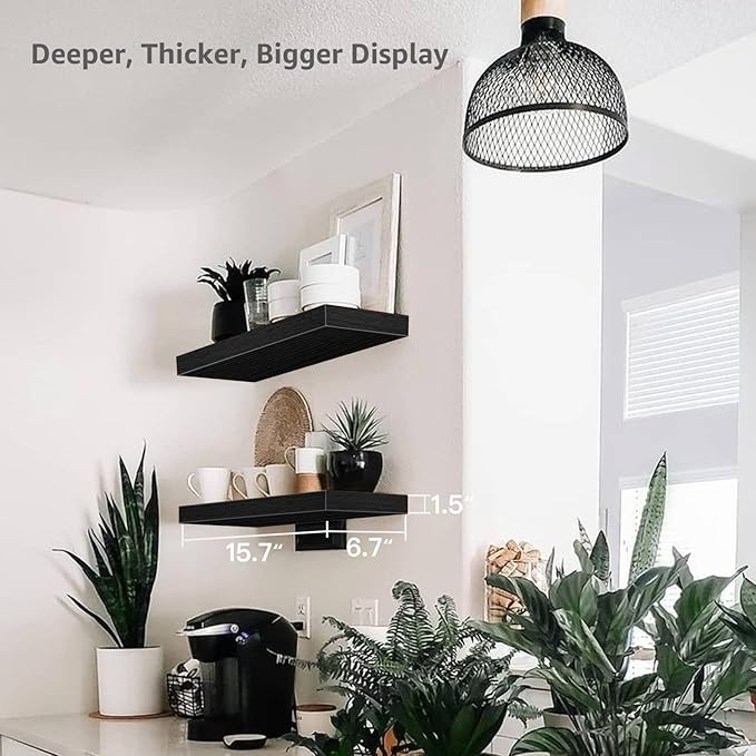 QEEIG Bathroom Floating Shelves for Wall - 15.7" Wall Mounted Shelf Over Toilet Farmhouse Home Decor Display Bookshelf Small 15.7 x 6.7 inch Set of 2, Black (008-40B)