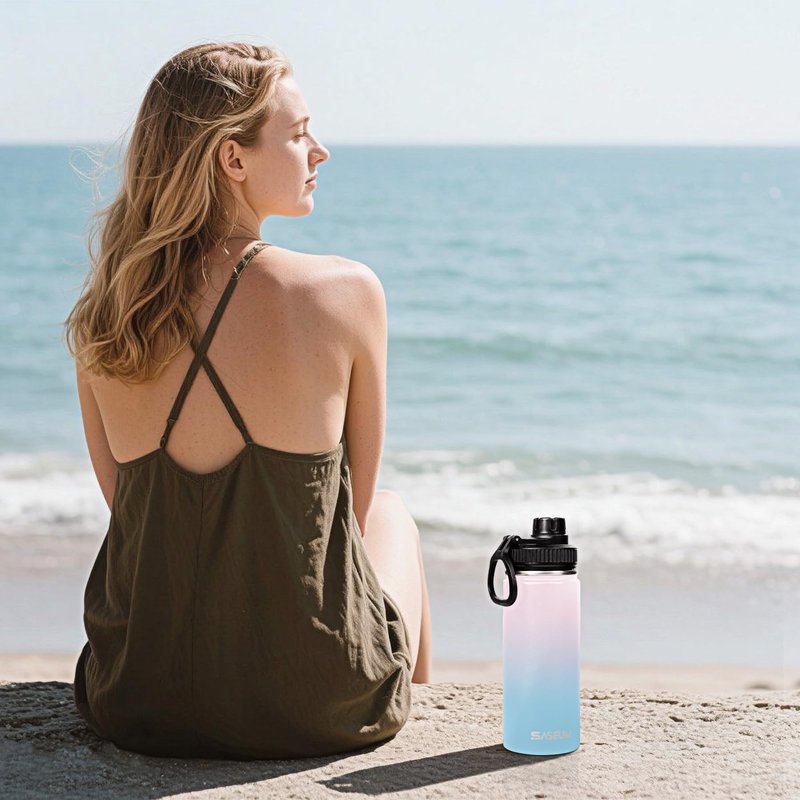 SASEUM Sport Water Bottle 18oz Stainless Steel Double Wall Vacuum Thermal Mug with Leak Proof Spout Lids, Wide Mouth Metal Insulated Water Jug for Gym and Travel（Blue Pink）