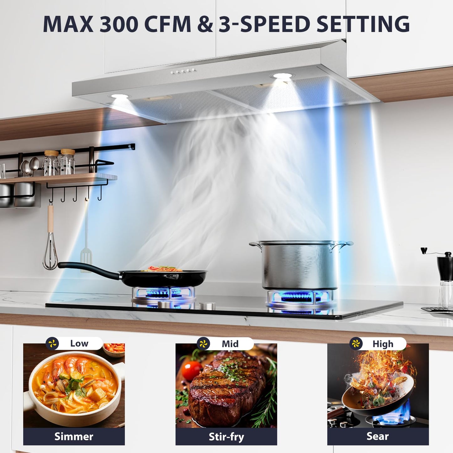 GRACEALL 30 Inch Under Cabinet Range Hood - Ductless Vent Hood Convertible to Ducted, Stainless Steel Kitchen Stove Extractor, Oven Exhaust Fan with Reusable Aluminum Filters and Charcoal Filter