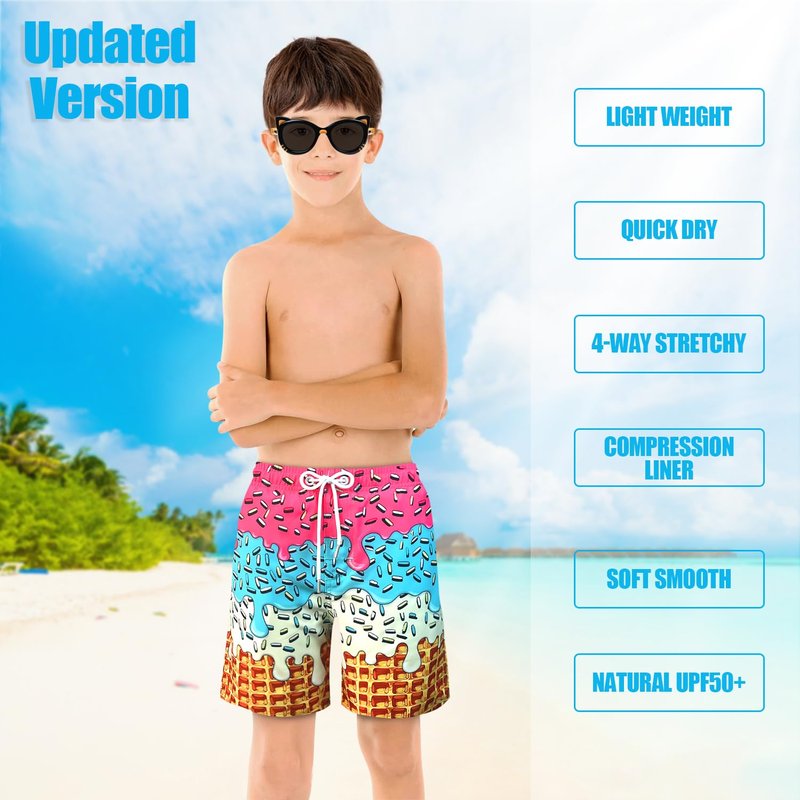 LUCOWEE Boys Bathing Trunks Boxer Brief Lined Anti Chafe Quality Swimming Shorts Swimsuits Stretchy Light Weight Quick Dry UPF 50+ Water to Land Ice Cream Waffle Size 10-12