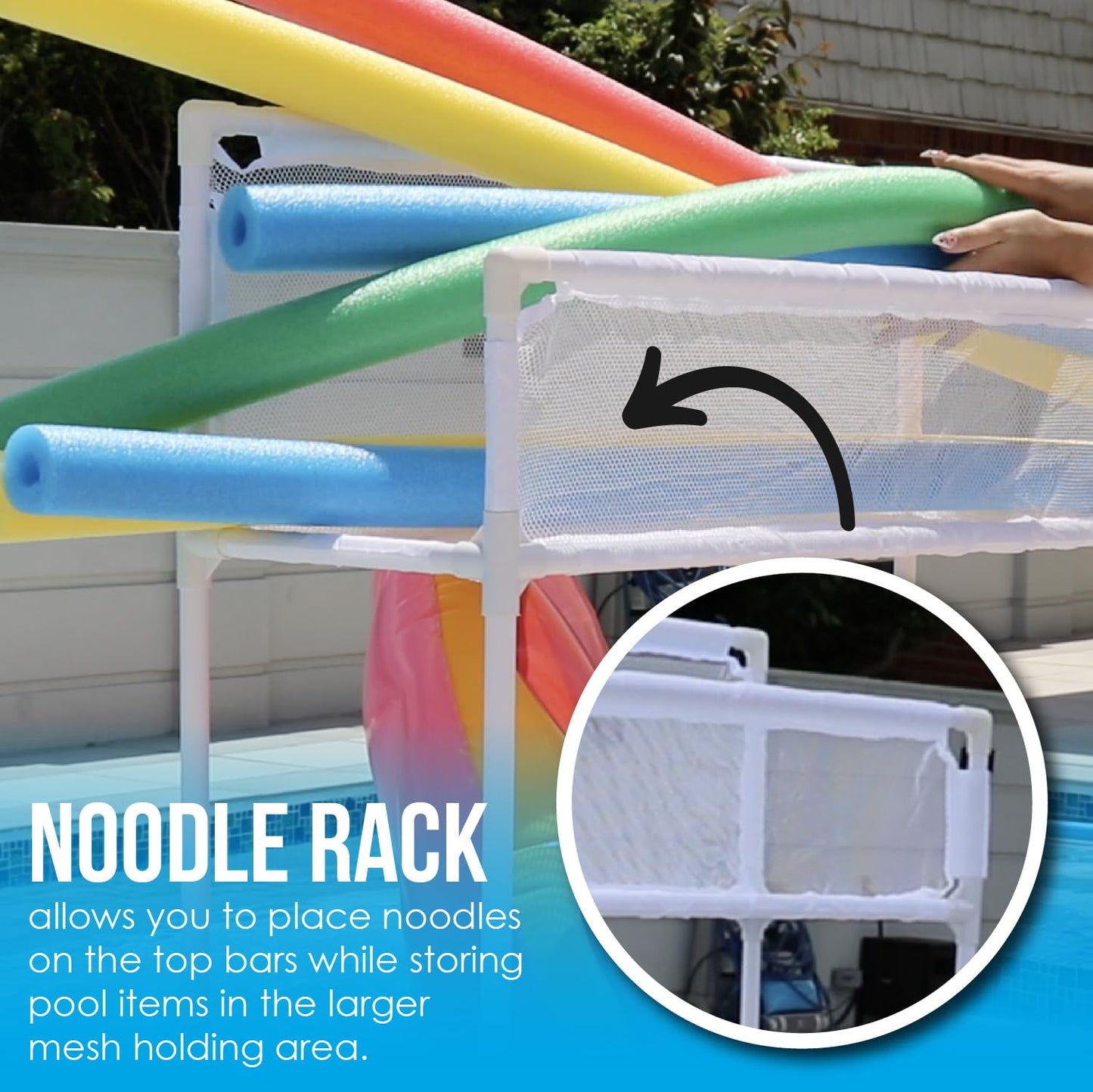 Essentially Yours Pool Storage Equipment Organizer Holder - Noodles, Toys, Balls and Floats Mesh Rolling Double Decker Bin, Large with Noodle Holder, (35.3" W x 23" L x 59.4" H), White Style 561935